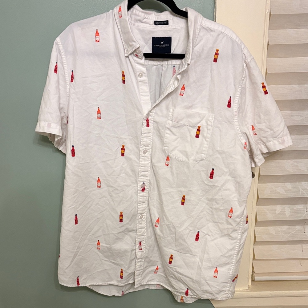American Eagle Hot Sauce Button Up Shirt Men’s XXL White Summer Novelty